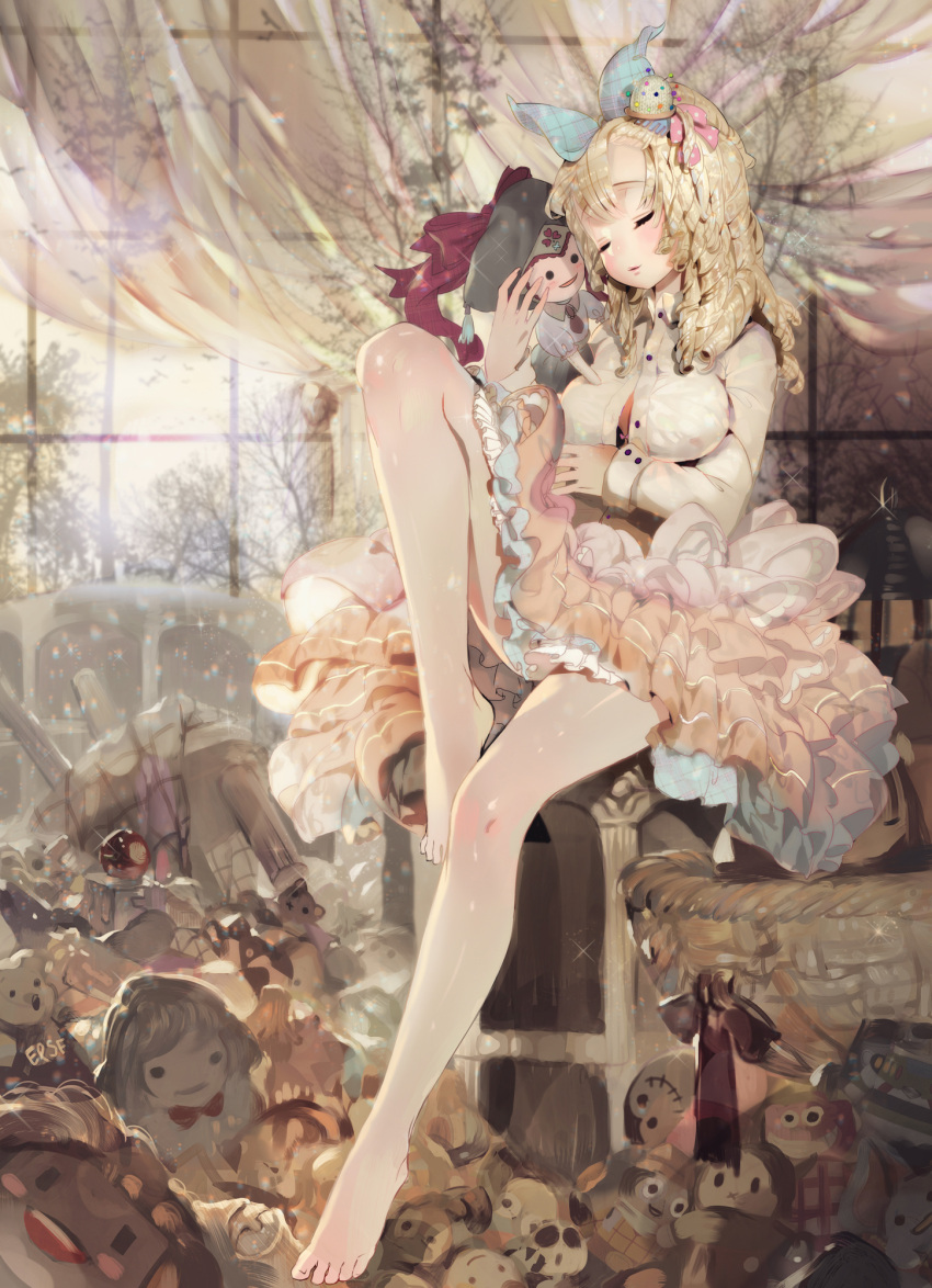 1girl bangs bare_legs bare_tree barefoot blonde_hair character_request closed_eyes curtains dahl-lange doll drill_hair full_body hair_ribbon highres leg_up light_smile parted_bangs petticoat pincushion ribbon sitting solo stuffed_toy tree unbuttoned window