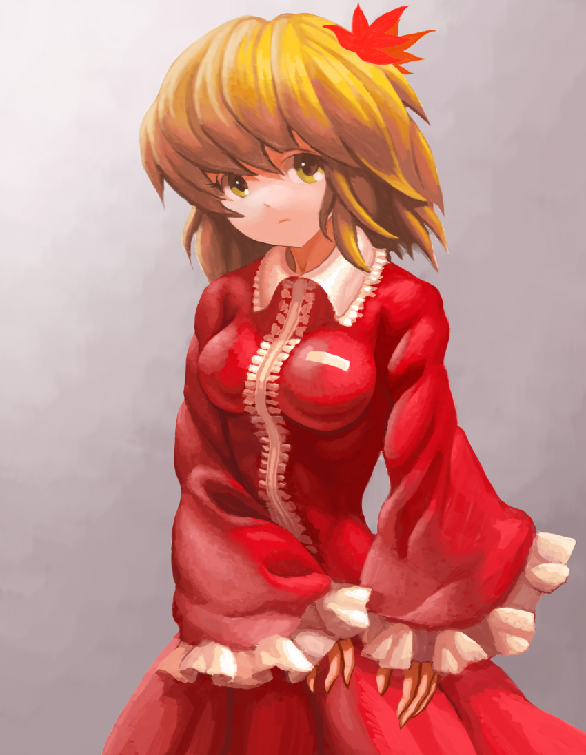 1girl aki_shizuha blonde_hair breasts dress expressionless frilled_dress frills gradient gradient_background grey_background highres long_sleeves looking_at_viewer red_dress solo syuraime_0 touhou yellow_eyes
