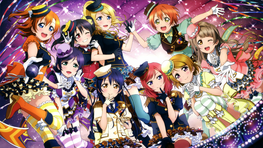 6+girls \m/ absurdres aqua_eyes arms_tied artist_request ayase_eli black_hair blazer blonde_hair blouse blue_eyes blue_hair blush bob_cut boots bow bowtie brown_eyes brown_hair buttons confetti frills gloves hair_bow hair_ornament hands_on_own_face hands_together hat heart high_five highres holding hoshizora_rin jewelry koizumi_hanayo kousaka_honoka leaning_forward lens_flare lights long_hair looking_at_viewer love_live!_school_idol_project low_twintails microphone minami_kotori multiple_girls necktie nishikino_maki official_art one_eye_closed open_mouth orange_hair ponytail puffy_sleeves purple_hair red_eyes redhead short_hair short_sleeves shoulder_pads side_ponytail skirt smile sonoda_umi stage thigh-highs toujou_nozomi twintails vest violet_eyes yazawa_nico yellow_eyes