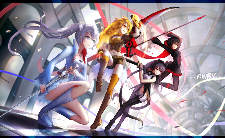 4girls black_hair blake_belladonna blonde_hair blue_eyes dress gauntlets long_hair multiple_girls pantyhose ponytail ruby_rose rwby scythe short_hair sword wangchuan_de_quanyan weapon weiss_schnee white_hair yang_xiao_long yellow_eyes