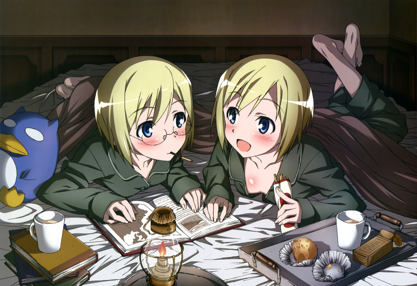 2girls :d absurdres blanket blonde_hair blue_eyes book cup eating erica_hartmann glasses highres lantern lying muffin mug multiple_girls nyantype on_bed on_stomach open_mouth pajamas pocky reading short_hair siblings sisters smile strike_witches twins ursula_hartmann