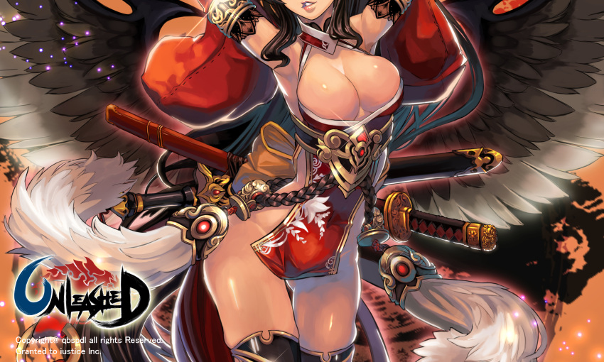 1girl armpits arms_up black_hair black_legwear breasts cleavage cleavage_cutout covered_navel detached_sleeves head_out_of_frame highres large_breasts lips long_hair microdress no_panties parted_lips qbspdl shiny shiny_skin solo sparkle sword thigh-highs very_long_hair weapon