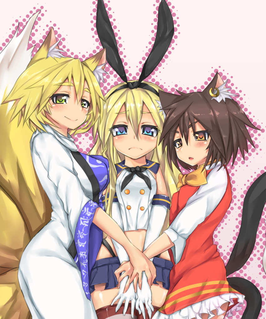 &gt;:o 3girls :o animal_ears blonde_hair blue_eyes blue_skirt breast_press brown_eyes cat_ears cat_girl cat_tail chen detached_sleeves dress earrings elbow_gloves flat_chest fox_ears fox_girl fox_tail frown gloves hairband highleg highleg_panties highres jewelry kantai_collection long_dress long_hair long_sleeves looking_at_viewer microskirt midriff mob_cap multiple_girls multiple_tails neck_ribbon no_hat panties pleated_skirt puffy_long_sleeves puffy_sleeves red_dress ribbon sailor_collar shimakaze_(kantai_collection) short_dress short_hair skirt sleeveless sleeveless_shirt smile striped striped_legwear tabard tail thigh-highs touhou underwear white_dress white_gloves wide_sleeves wrist_grab yakumo_ran yellow_eyes