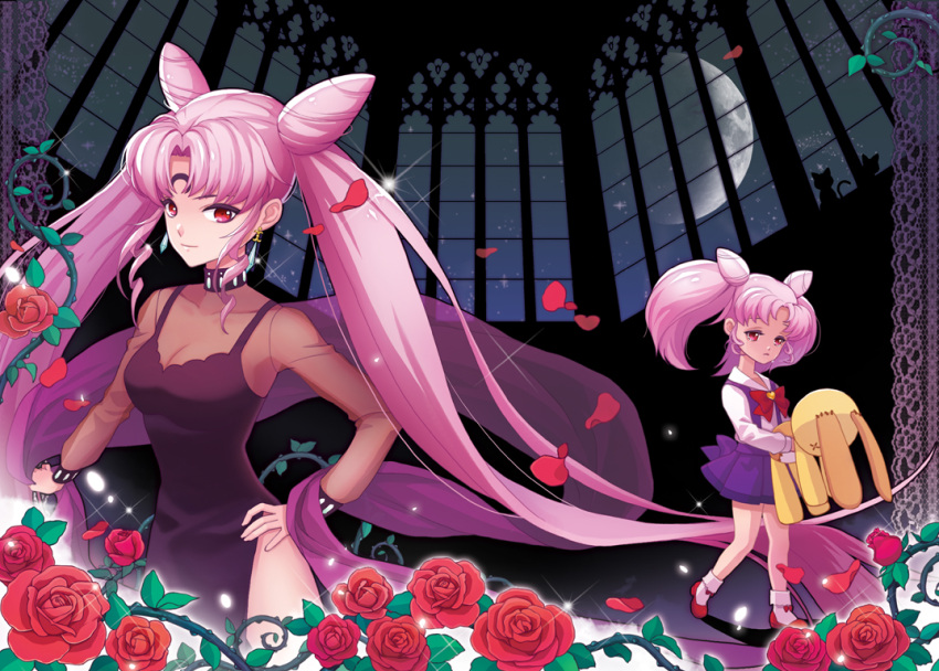 2girls big_hair bishoujo_senshi_sailor_moon black_lady cat chibi_usa crystal double_bun dual_persona earrings facial_mark flower forehead_mark hand_on_hip holding jewelry kostop long_hair moon multiple_girls night night_sky petals pink_hair red_eyes red_rose red_shoes rose rose_petals school_uniform serafuku shoes side_slit silhouette sky star_(sky) starry_sky stuffed_animal stuffed_toy twintails very_long_hair vines window