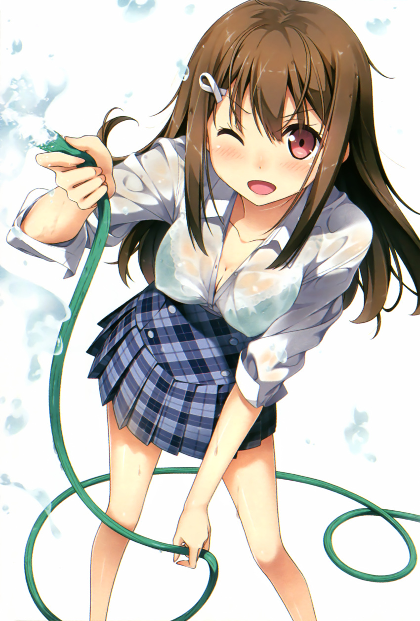 1girl ;d bra breasts brown_hair character_request cleavage green_bra highres hose kantoku long_sleeves one_eye_closed open_mouth pink_eyes plaid plaid_skirt pleated_skirt school_uniform see-through skirt smile underwear water wet wet_clothes