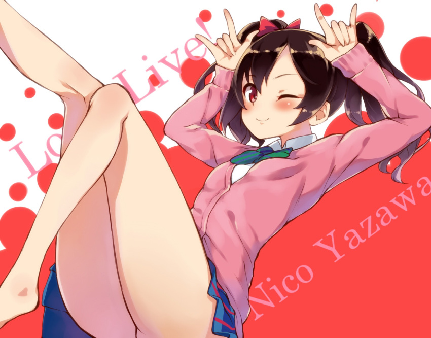 1girl ;) black_hair blush bow character_name copyright_name hair_bow highres legs looking_at_viewer love_live!_school_idol_project merumayu one_eye_closed red_eyes short_hair smile solo thighs twintails yazawa_nico