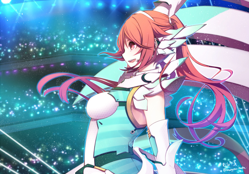 1girl hairband idol long_hair multicolored_hair muryou open_mouth orange_hair phantasy_star phantasy_star_online_2 quna_(pso2) red_eyes smile stage stage_lights twintails two-tone_hair