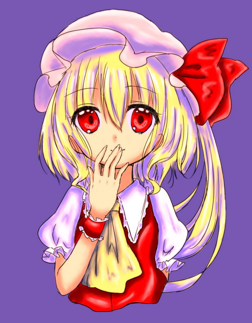 1girl arm_at_side ascot asymmetrical_hair blonde_hair bow bust flandre_scarlet hair_between_eyes hair_bow hand_to_own_mouth highres himeco looking_at_viewer mob_cap pov pov_eye_contact puffy_short_sleeves puffy_sleeves red_eyes short_hair short_sleeves side_ponytail smile solo_focus touhou wrist_cuffs