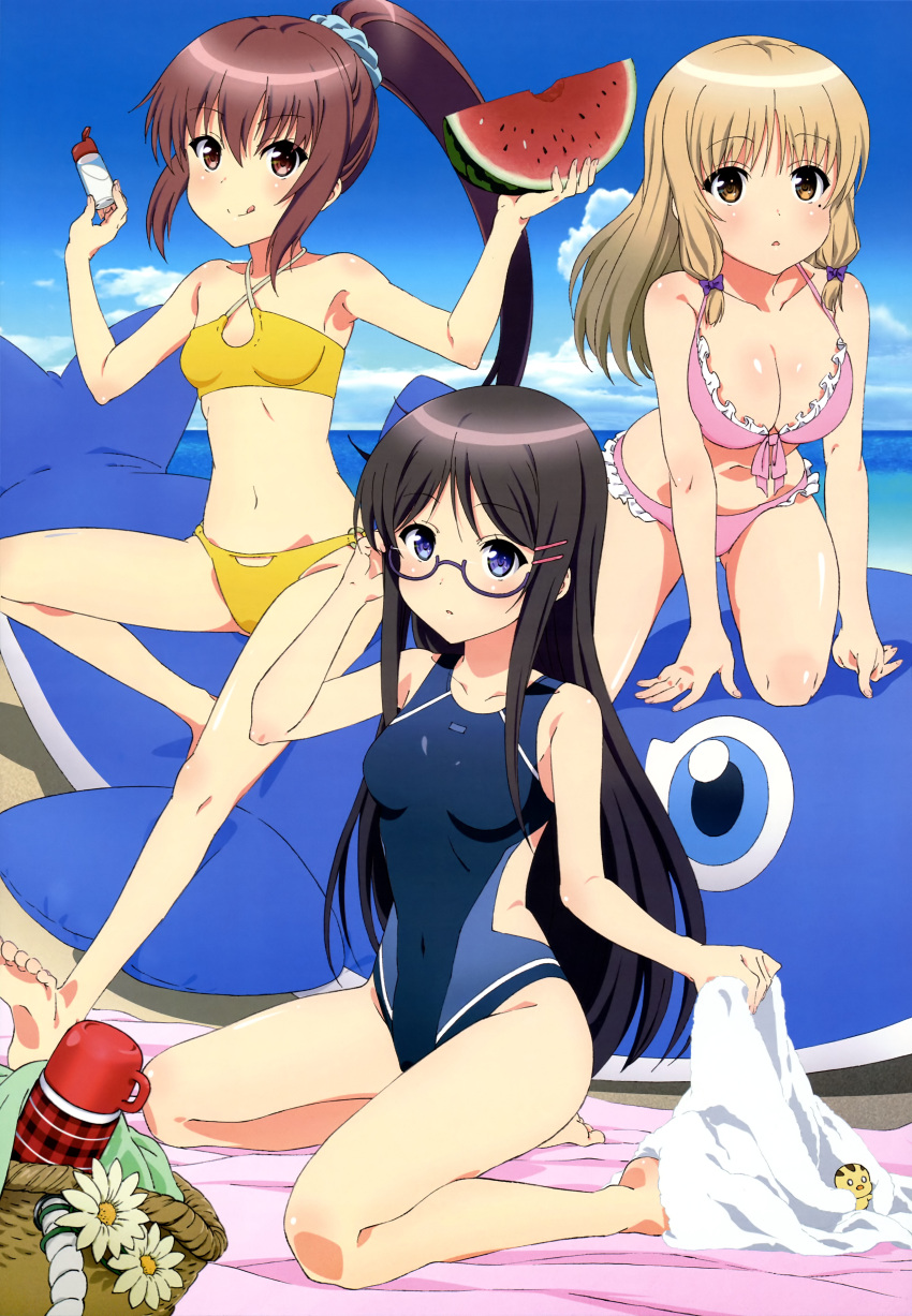 3girls :p absurdres beach bikini black_hair blonde_hair blue_eyes blush bow breasts brown_eyes brown_hair cleavage clouds competition_swimsuit endou_rino feet food fruit glasses hair_bow hair_ornament hairclip highres inflatable jinsei kujou_fumi legs long_hair mole multiple_girls nyantype ocean official_art one-piece_swimsuit ponytail red_eyes scrunchie sky suzuki_ikumi_(jinsei) swimsuit tongue tongue_out twintails very_long_hair vry_long_hair water watermelon
