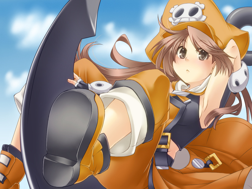 1girl :&lt; anchor ankle_boots arm_behind_head arm_up armpits black_gloves blush boots breasts brown_eyes brown_hair fingerless_gloves gloves guilty_gear guilty_gear_xrd hat highres holding holding_weapon huge_weapon long_hair may_(guilty_gear) orippa pants pants_rolled_up pirate pirate_hat sideboob skull skull_and_crossbones sleeveless solo weapon