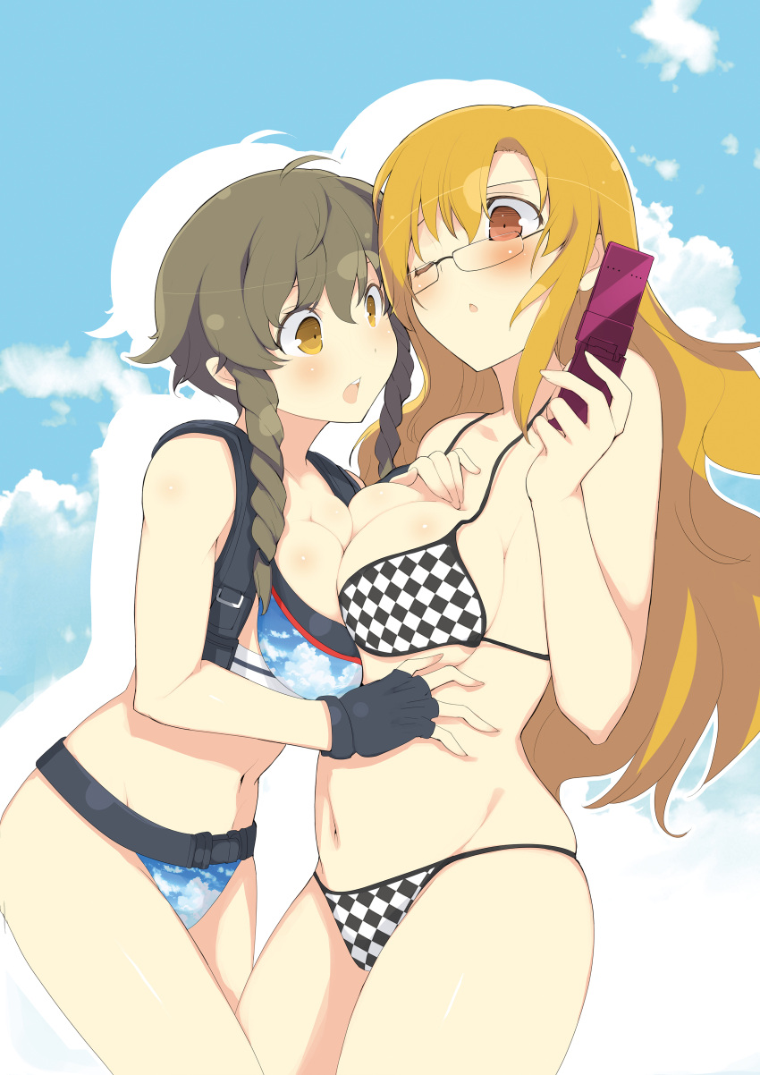 2girls ;o absurdres amane_suzuha belt bikini black_bikini blonde_hair blue_bikini blush braid breast_press breasts brown_hair cellphone checkered checkered_bikini cleavage fingerless_gloves glasses gloves highres kiryuu_moeka load_bearing_vest long_hair multiple_girls one_eye_closed phone semi-rimless_glasses steins;gate swimsuit symmetrical_docking tagme twin_braids under-rim_glasses yaegashi_nan yellow_eyes