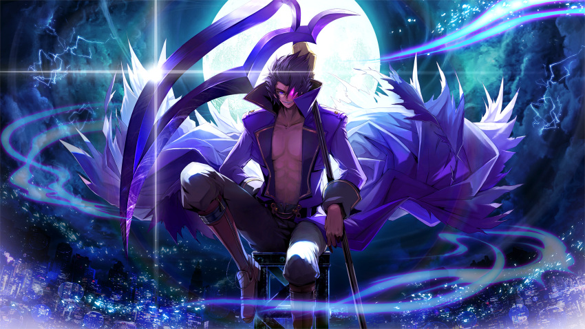 abs artist_request boots french-bread full_moon glowing glowing_eye gordeau hair_over_one_eye highres huge_weapon knee_boots moon official_art pectorals popped_collar scythe short_hair solo under_night_in-birth violet_eyes weapon