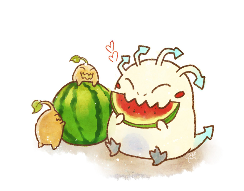 :3 ^_^ aa2233a blush_stickers chibi closed_eyes eating food fruit heart kog'maw leaf league_of_legends open_mouth sapling sitting tail watermelon