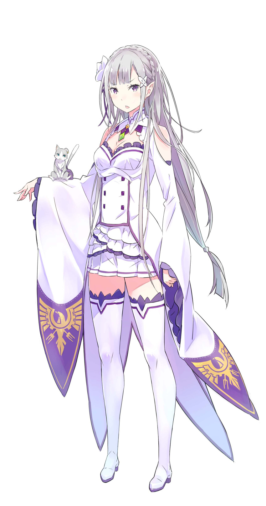 1girl absurdres artist_request braid cat character_request copyright_request french_braid full_body hair_ornament highres long_hair official_art open_mouth pleated_skirt pointy_ears silver_hair simple_background skirt sleeves_past_wrists source_request thigh-highs violet_eyes white white_background white_legwear wide_sleeves