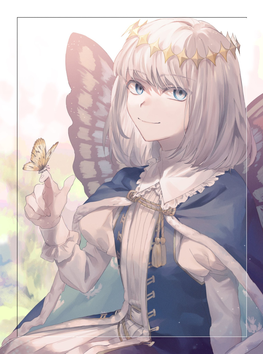 1boy bangs blue_cape blue_eyes bug butterfly butterfly_on_hand butterfly_wings cape commentary_request fate/grand_order fate_(series) frills fur-trimmed_cape fur_trim highres juliet_sleeves long_sleeves looking_at_viewer male_focus oberon_(fate) puffy_sleeves solo tassel white_hair wings zaso