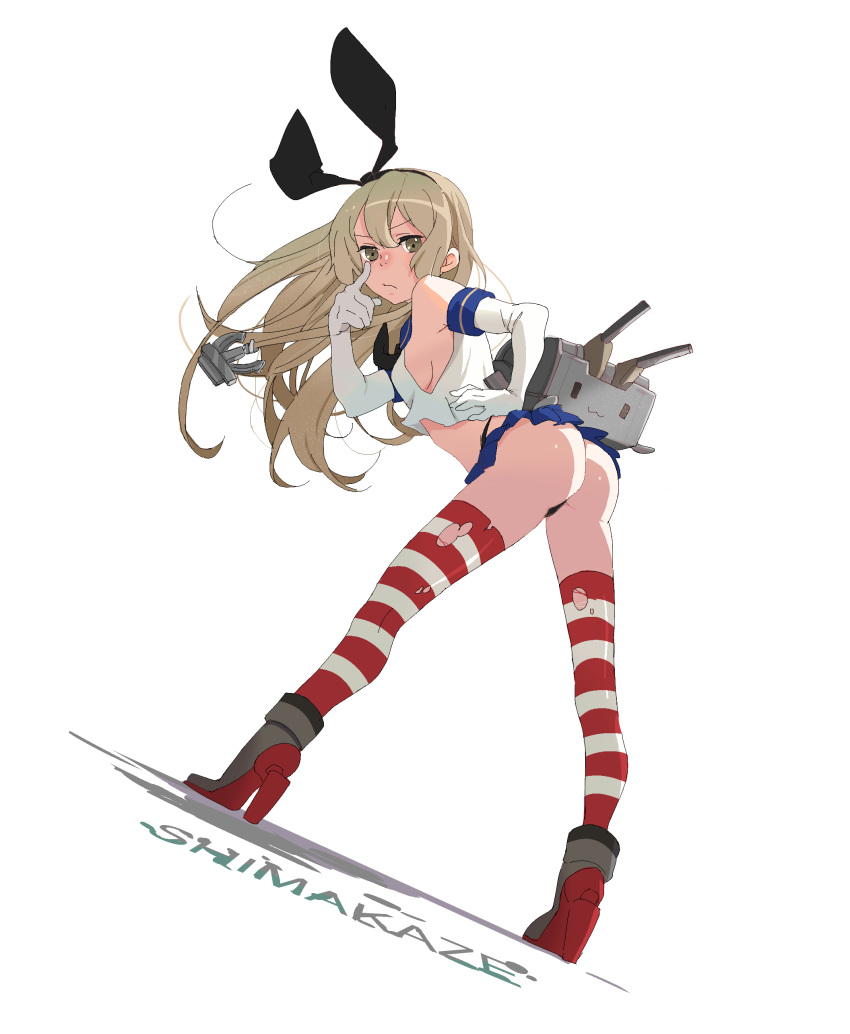 1girl absurdres anchor_hair_ornament ass black_panties blonde_hair character_name elbow_gloves finger_to_eye from_behind gloves hairband hand_on_hip highleg highres himano_(artist) kantai_collection leaning_forward long_hair looking_back panties rensouhou-chan school_uniform serafuku shimakaze_(kantai_collection) skirt solo standing striped striped_legwear thigh-highs thong torn_legwear underwear white_background white_gloves yellow_eyes