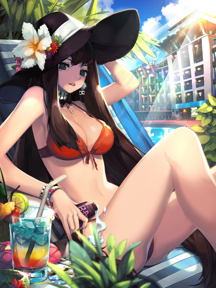 1girl absurdres arm_up bare_shoulders bikini black_eyes blurry bracelet brown_hair chair choker cocktail depth_of_field earrings flower front-tie_top furyou_michi_~gang_road~ hat highres hyeona jewelry lens_flare long_hair looking_at_viewer lotion lounge_chair lying necklace orange_bikini parted_lips payot pearl_necklace pool reclining solo strap_gap sun_hat sunlight sunscreen swimsuit very_long_hair wristband