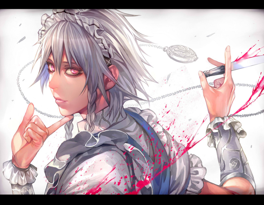 1girl apron blood bloody_knife bloody_weapon braid bust chain eyelashes finger_to_chin fingernails frilled_apron frilled_sleeves frills grey_hair highres holding holding_knife holding_weapon izayoi_sakuya knife letterboxed lips looking_back maid_apron maid_headdress pink_eyes pocket_watch puffy_short_sleeves puffy_sleeves shikihara_mitabi short_hair short_sleeves solo text thorns touhou twin_braids vines watch weapon wrist_cuffs
