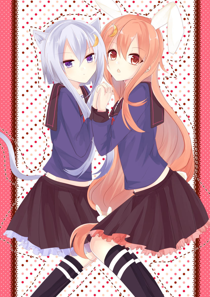 2girls :&lt; absurdres animal_ears bunny_hair_ornament bunny_tail cat_ears cat_tail chestnut_mouth crescent_hair_ornament frilled_skirt frills hair_ornament highres hinaki_(aoi0410616) holding_hands kantai_collection kemonomimi_mode kneehighs lavender_hair long_hair long_sleeves looking_at_viewer low-tied_long_hair multiple_girls pink_eyes pink_hair pleated_skirt rabbit_ears sailor_collar school_uniform serafuku short_hair short_hair_with_long_locks skirt tail uzuki_(kantai_collection) violet_eyes yayoi_(kantai_collection)