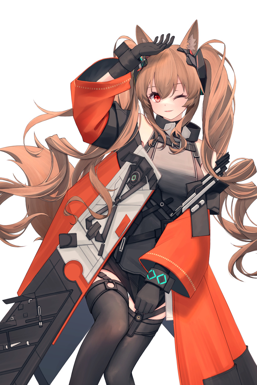 1girl absurdres angelina_(endfield)_(arknights) animal_ears arknights arknights:_endfield arm_up black_gloves black_shorts black_thighhighs coat feet_out_of_frame fox_ears fox_girl fox_tail gloves grey_shirt hair_between_eyes hair_ornament highres long_hair long_sleeves looking_at_viewer lxjun_09 one_eye_closed orange_coat shirt shorts sidelocks simple_background smile solo tail thigh-highs twintails very_long_hair white_background