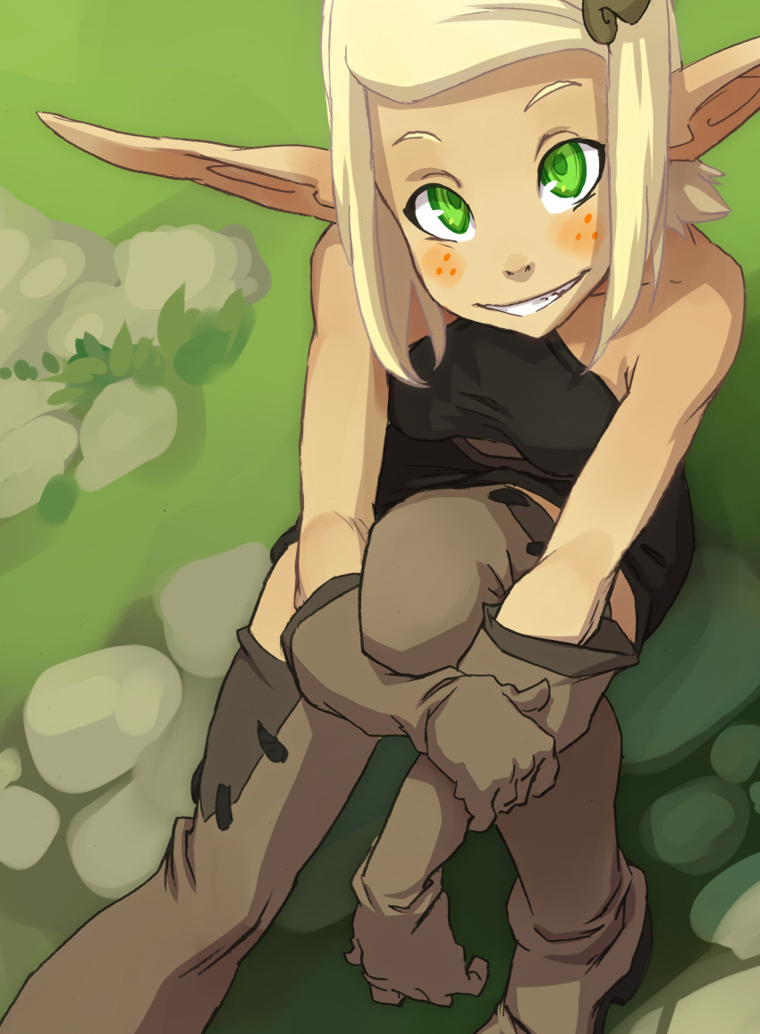 1girl absurdres blonde_hair blush_stickers cra evangelyne freckles gloves green_eyes grin hair_ornament hairclip highres looking_up pointy_ears short_hair sitting smile solo thigh-highs wakfu xavier_houssin
