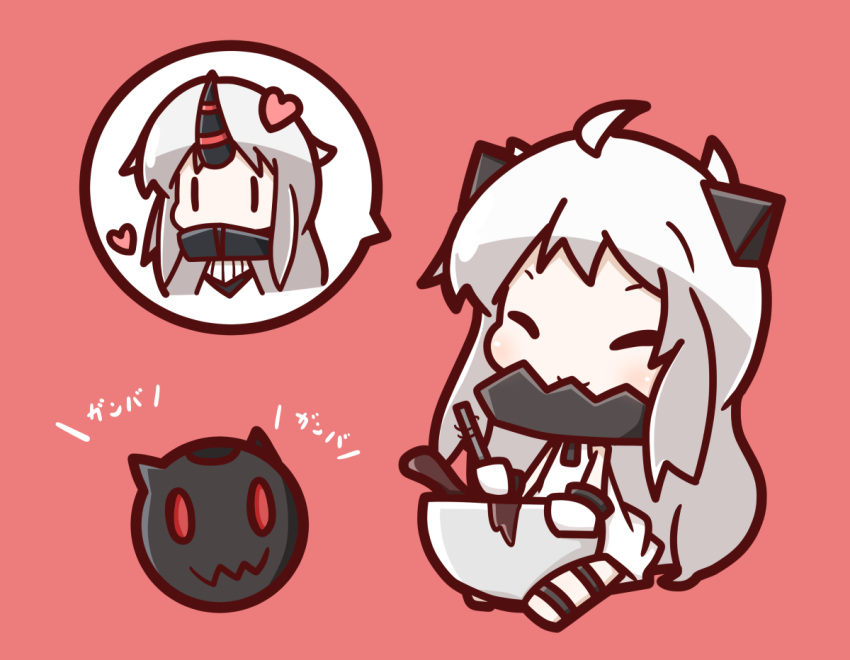 2girls ahoge chibi covered_mouth dress heart horns kantai_collection long_hair mittens multiple_girls northern_ocean_hime nuu_(nu-nyu) pale_skin seaport_hime shinkaisei-kan silver_hair sitting smile spoken_face translation_request white_dress