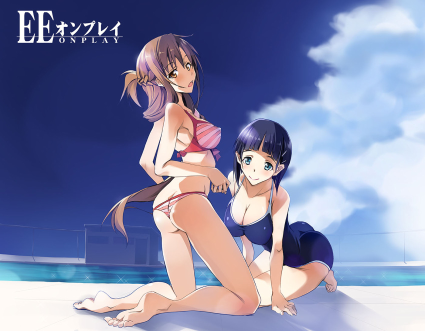2girls arm_support ass asuna_(sao) bikini black_hair blue_eyes blush breasts brown_eyes brown_hair butt_crack cleavage competition_school_swimsuit kirigaya_suguha kneeling large_breasts long_hair looking_at_viewer looking_back multiple_girls nagare_hyougo one-piece_swimsuit open_mouth pool school_swimsuit shiny shiny_skin short_hair skindentation smile striped striped_bikini striped_swimsuit swimsuit sword_art_online yuuki_asuna