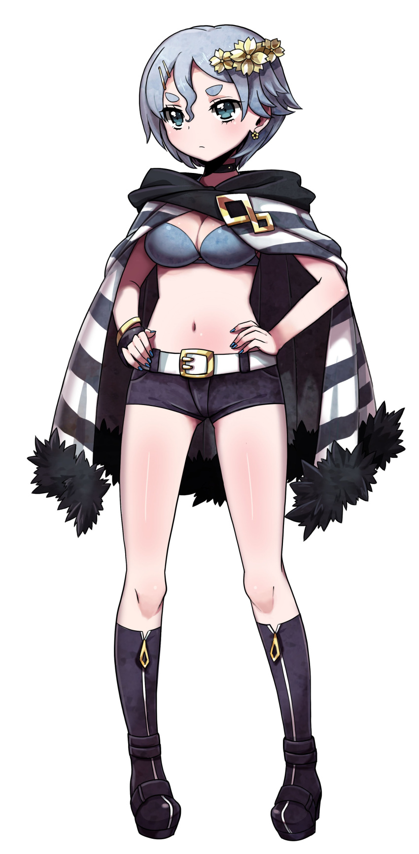 1girl absurdres belt boots breasts character_request choker cloak criminal_girls earrings eyebrows flower hair_flower hair_ornament hands_on_hips highres jewelry nail_polish navel official_art short_hair short_shorts shorts silver_hair simple_background striped thick_eyebrows white_background