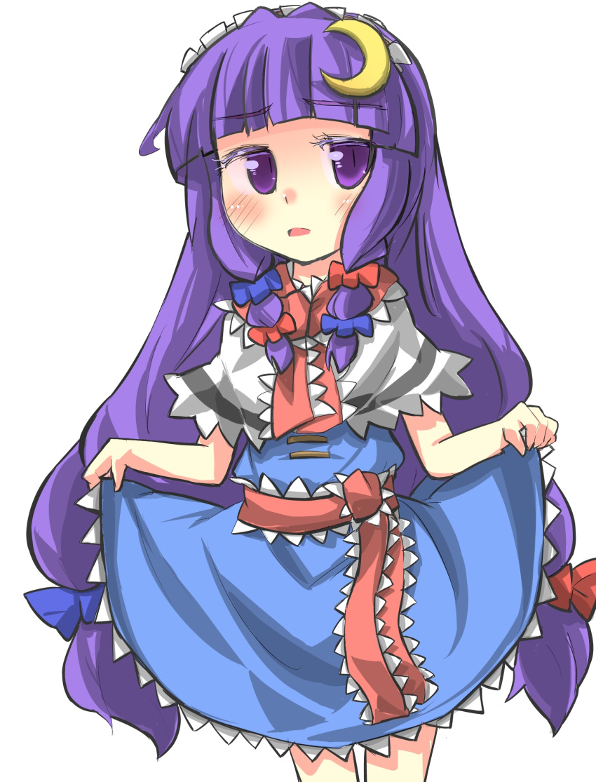 1girl alice_margatroid alice_margatroid_(cosplay) bangs blue_dress blunt_bangs capelet cosplay crescent_hair_ornament dress gaoo_(frpjx283) hair_ornament hair_ribbon hairband highres long_hair looking_at_viewer open_mouth patchouli_knowledge purple_hair ribbon skirt skirt_lift touhou tress_ribbon violet_eyes