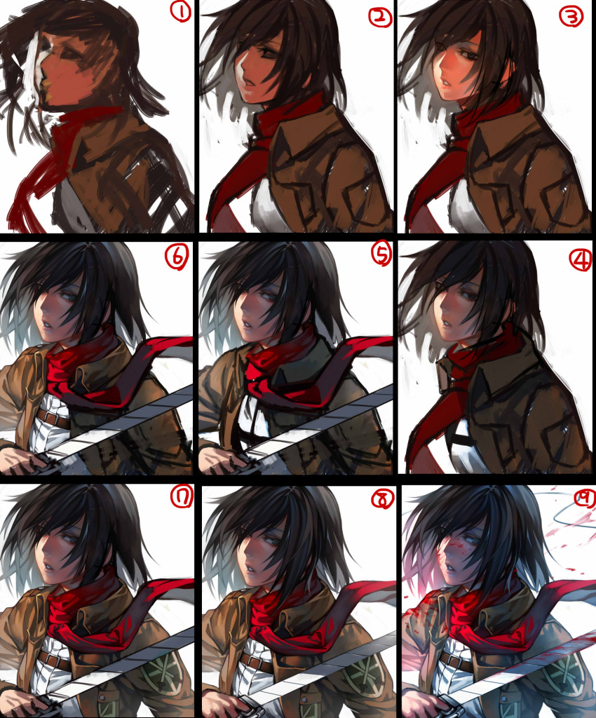 1girl black_hair blood blood_on_face blood_splatter bloody_clothes bloody_weapon grey_eyes highres holding holding_sword holding_weapon how_to jacket lips long_sleeves mikasa_ackerman military military_uniform number numbered_panels parted_lips progression red_scarf scarf shikihara_mitabi shingeki_no_kyojin short_hair simple_background solo strap sword uniform weapon white_background work_in_progress