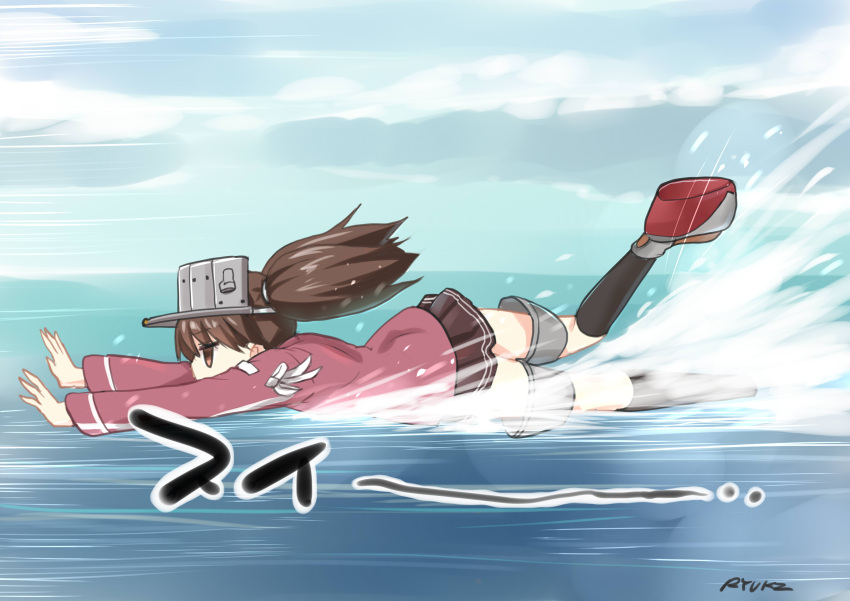 1girl absurdres artist_name black_legwear brown_eyes brown_hair clouds hat highres kantai_collection kneehighs long_hair meme outstretched_arms ryuki_(ryukisukune) ryuujou_(kantai_collection) skirt sky sliding solo water