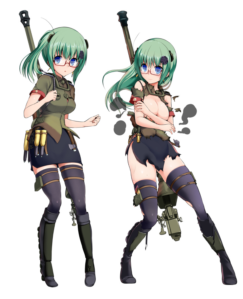 1girl black_legwear blue_eyes boots breasts glasses green_hair highres jagdpanther large_breasts long_hair miki_purasu military military_uniform original personification red-framed_glasses semi-rimless_glasses short_sleeves simple_background skirt solo tank_turret thigh-highs torn_clothes under-rim_glasses uniform white_background zettai_ryouiki