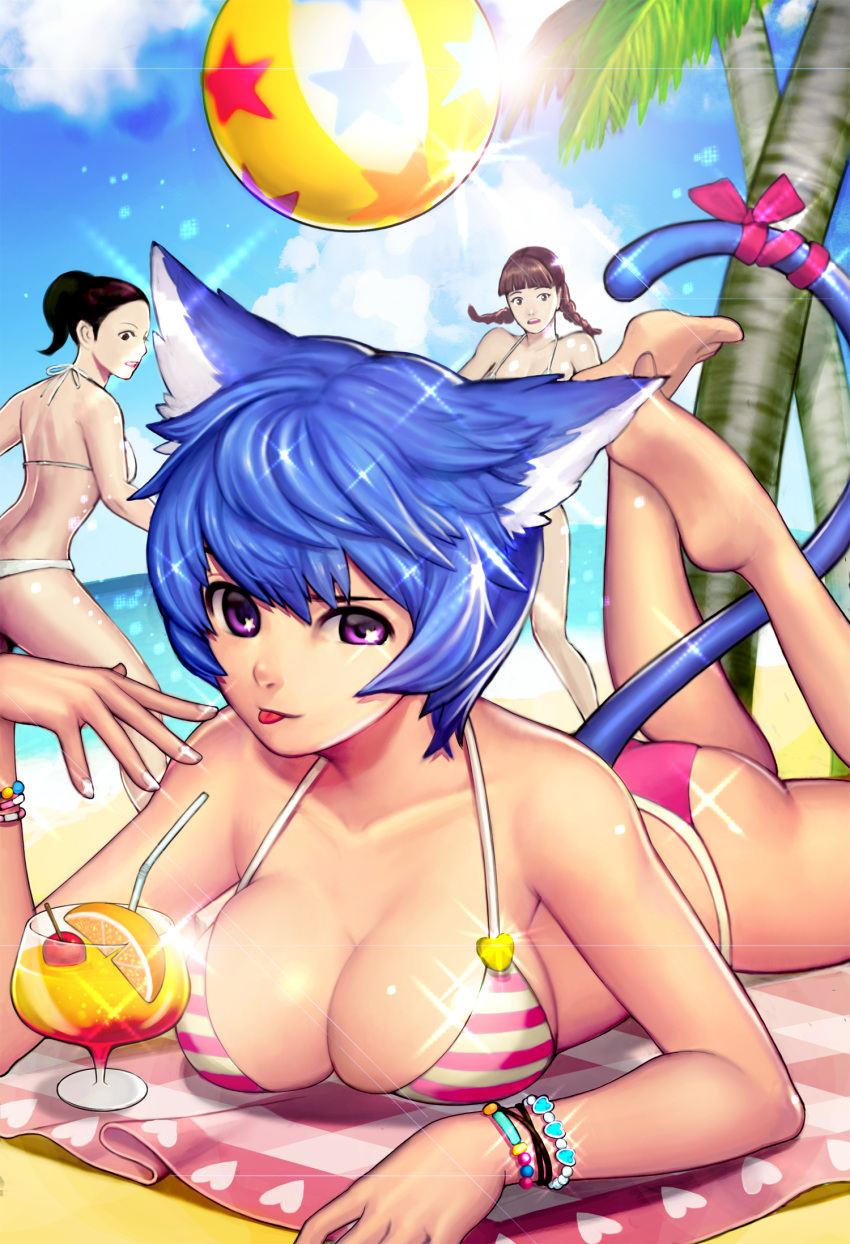 3girls animal_ears barefoot beach bikini blue_hair bracelet braid breasts brown_hair cat_ears cat_tail cleavage drink glass highres jewelry large_breasts lying multiple_girls nail_polish ocean on_stomach original palm_tree ponytail short_hair sky solo_focus striped striped_bikini striped_swimsuit swimsuit tail tongue tongue_out towel tree twin_braids