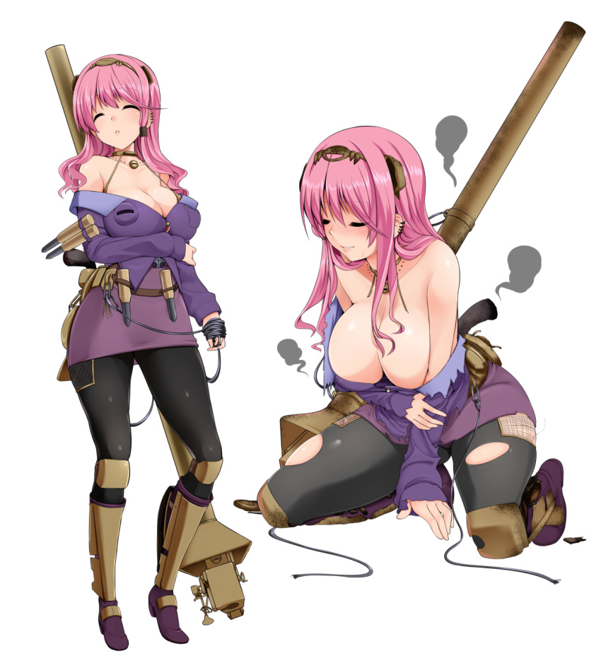 1girl bare_shoulders black_legwear blush boots breasts cleavage closed_eyes earrings hairband highres jagdtiger jewelry large_breasts long_hair miki_purasu multiple_earrings original pantyhose personification pink_hair simple_background smoke solo tank_turret torn_clothes torn_pantyhose white_background