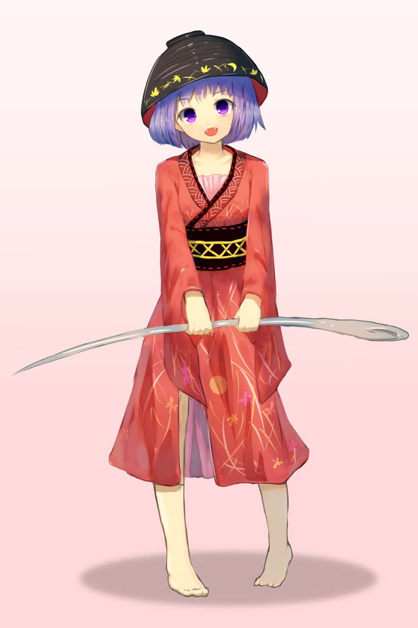 1girl barefoot collarbone fangs hat head_tilt highres holding japanese_clothes kimono lavender_hair looking_at_viewer needle obi open_mouth pink_background print_kimono rice_bowl sash shone simple_background smile solo sukuna_shinmyoumaru touhou violet_eyes