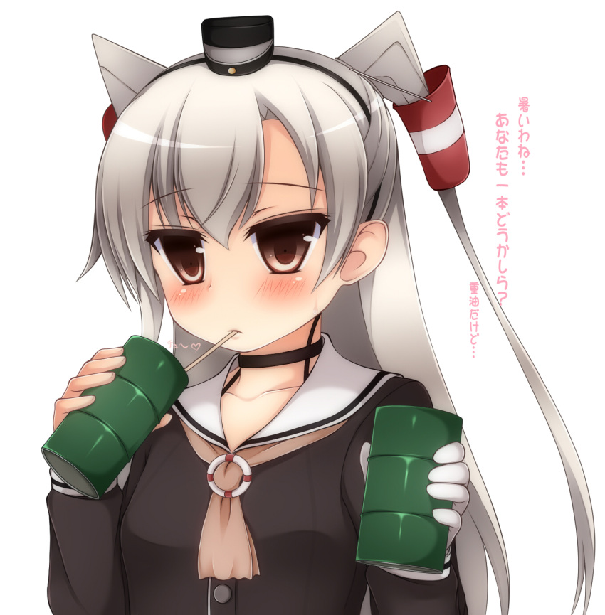 1girl amatsukaze_(kantai_collection) brown_eyes choker drinking drinking_straw hair_ornament hair_tubes hairband highres innertube kantai_collection long_hair looking_at_viewer silver_hair solo translated two_side_up zack_(haiuinndo)