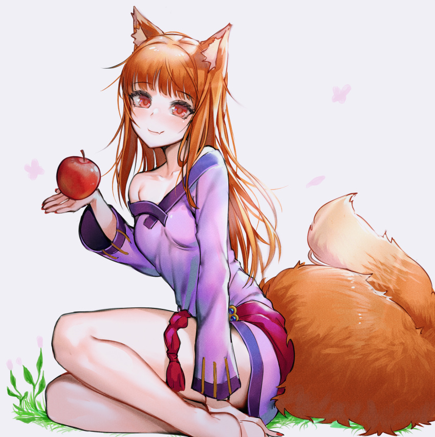 1girl animal_ears bangs barefoot blunt_bangs breasts brown_hair cape closed_mouth collarbone danielle_brindle dress eyebrows_visible_through_hair fang food fruit grey_background highres holding holding_food holding_fruit holo long_hair long_sleeves looking_at_viewer nail_polish off-shoulder_dress off_shoulder purple_dress red_cape red_eyes red_nails short_dress sitting small_breasts smile solo spice_and_wolf straight_hair tail wolf_ears wolf_tail