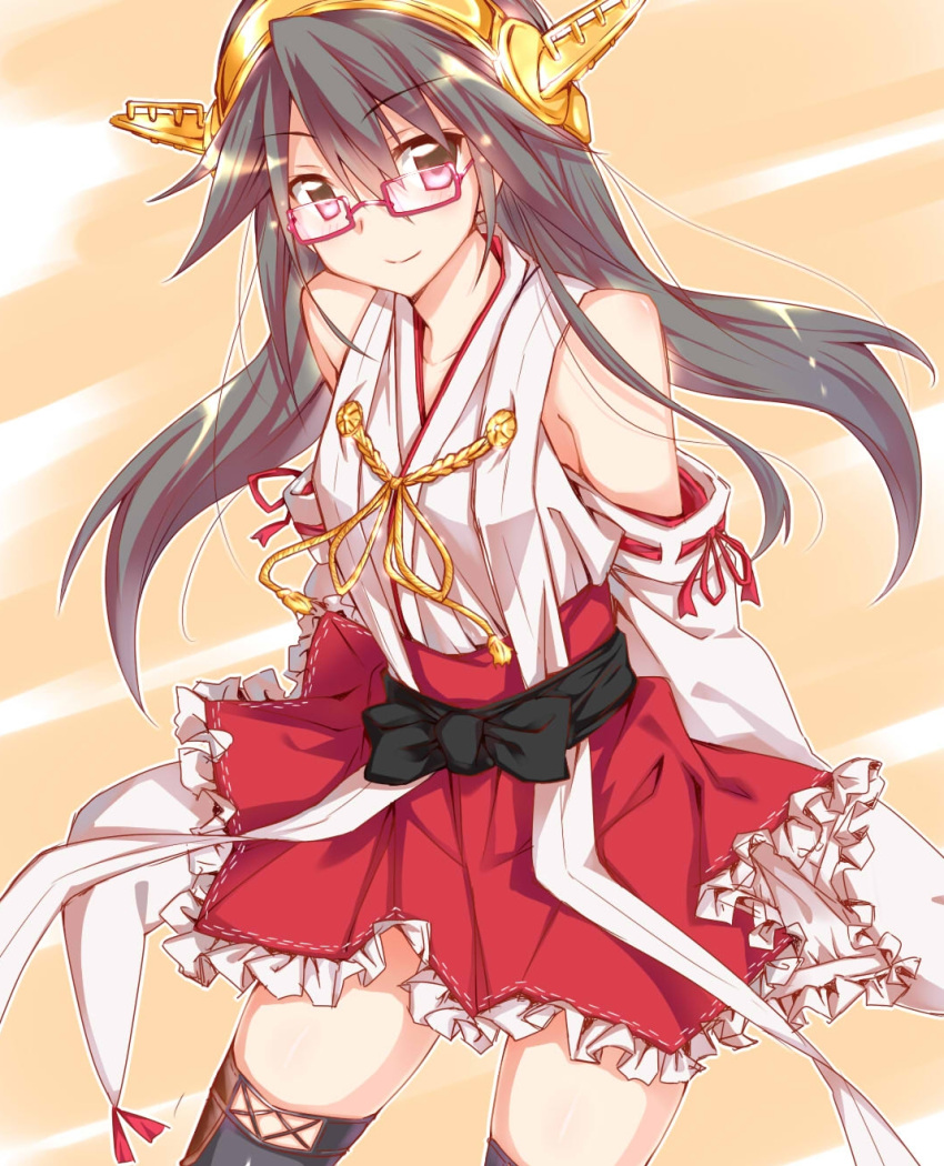 1girl bespectacled black_hair detached_sleeves glasses hairband haruna_(kantai_collection) highres japanese_clothes kantai_collection long_hair looking_at_viewer narumiya_(empty_cafe) nontraditional_miko red-framed_glasses red_eyes smile solo thigh-highs wide_sleeves