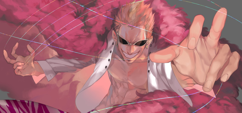 1boy abs blonde_hair donquixote_doflamingo earrings grin jewelry male one_piece open_clothes open_shirt roco64 short_hair smile string sunglasses