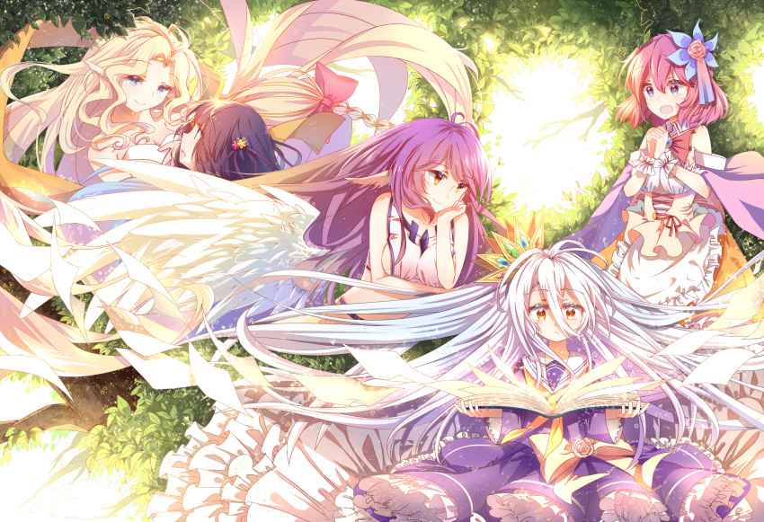 +_+ 3000_xiao_chun 5girls absurdres angel_wings black_hair blonde_hair blue_eyes book breasts clammy_zell elf feathered_wings feel_nilvalen flower gradient_hair hair_flower hair_ornament highres jibril_(no_game_no_life) long_hair low_wings magic_circle multicolored_hair multiple_girls no_game_no_life open_mouth pink_hair pointy_ears redhead shiro_(no_game_no_life) short_hair silver_hair smile stephanie_dora tagme white_wings wings yellow_eyes