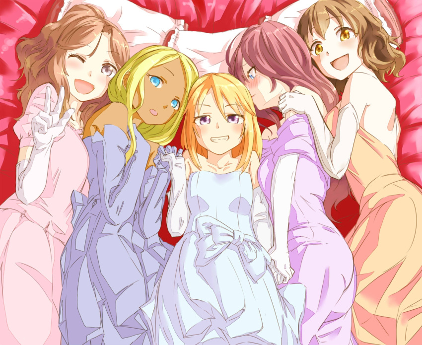 5girls ;d aqua_dress aqua_eyes ariura_kanna bed_sheet blonde_hair blue_eyes blush brown_hair character_check character_request cushion dark_skin dress elbow_gloves embarrassed gloves grin hand_on_another's_shoulder hand_on_own_chest hands_together highres holding_hands ichinose_shiki idolmaster idolmaster_cinderella_girls komano_c_rotha lavender_hair layla_(idolmaster) long_hair looking_at_viewer looking_to_the_side lying multiple_girls namiki_meiko off_shoulder on_back on_side one_eye_closed open_mouth orange_dress orange_eyes orange_hair pink_dress pink_hair ponytail puffy_short_sleeves puffy_sleeves short_hair short_sleeves smile v violet_eyes wavy_hair yuuki_haru