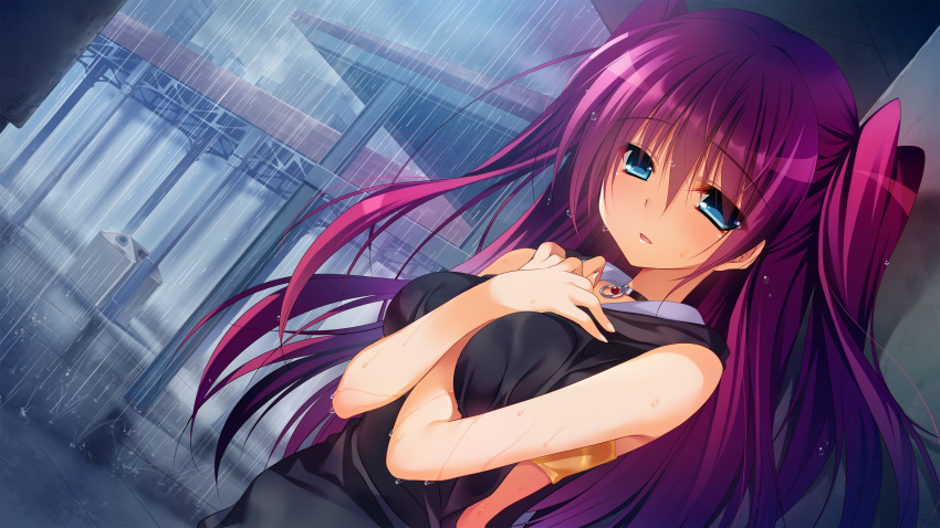 1girl aqua_eyes between_breasts city collar crossed_arms dutch_angle highres innocent_girl long_hair looking_at_viewer nanaka_mai ousaka_kanae rain redhead short_twintails sleeveless solo twintails two_side_up wet wet_clothes