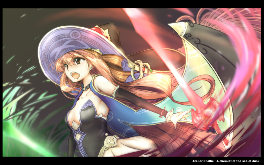 1girl :o arm_warmers atelier_(series) atelier_shallie brown_eyes brown_hair choker copyright_name grimjin hat long_hair solo sword very_long_hair weapon wilbell_voll=erslied witch_hat