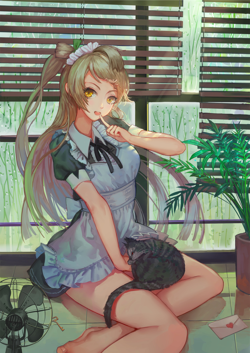 1girl bare_legs blinds brown_hair cat electric_fan finger_to_mouth highres hoshimawa key letter long_hair looking_at_viewer love_letter love_live!_school_idol_project maid minami_kotori plant potted_plant sitting solo yellow_eyes yokozuwari