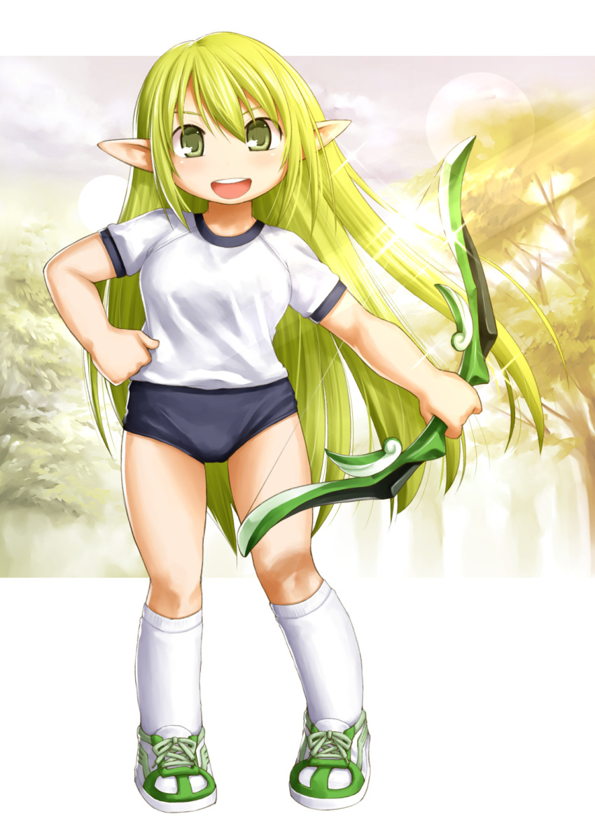 1girl alternate_costume bow_(weapon) buruma contrapposto elf elsword green_eyes green_hair gym_uniform hand_on_hip highres kasuga_yukihito kneehighs long_hair pointy_ears rena_(elsword) shoes small_breasts sneakers solo standing weapon