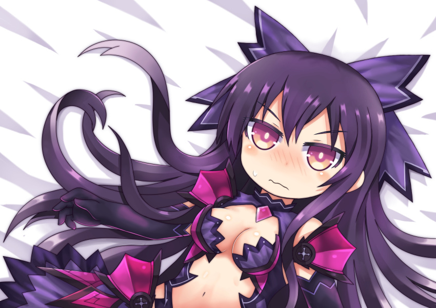 1girl absurdres black_hair blush breasts chibi cleavage date_a_live greenteaneko hair_ornament highres light_brown_eyes long_hair looking_at_viewer lying navel solo sweat tagme wavy_mouth yatogami_tooka yatogami_tooka_(true_form_)