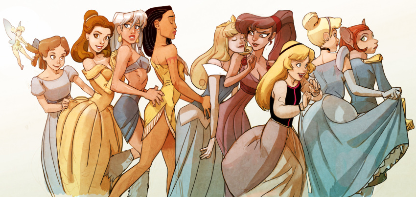 6+girls arms_around_waist atlantis:_the_lost_empire aurora_(disney) bare_shoulders beauty_and_the_beast belle_(disney) blonde_hair brown_hair captain_amelia choker cinderella cinderella_(disney) closed_eyes crown disney dress earrings eilonwy elbow_gloves gloves green_eyes hairband hercules_(disney) jewelry kidagakash looking_back megara_(disney) multiple_girls peter_pan_(disney) pocahontas pocahontas_(disney) ponytail redhead silver_hair skirt_hold sleeping sleeping_beauty the_black_cauldron tinker_bell_(disney) treasure_planet wendy_darling yellow_dress