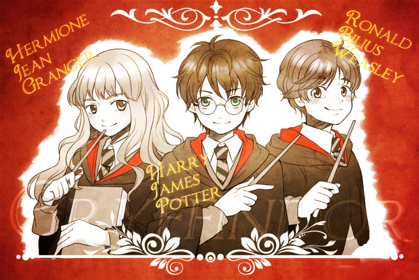 1girl 2boys book character_name freckles glasses green_eyes harry_james_potter harry_potter hermione_granger holiday-jin long_hair multiple_boys necktie ron_weasley school_uniform short_hair smile wand