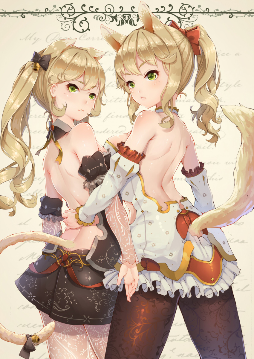 2girls animal_ears back bare_shoulders bell black_dress black_legwear blonde_hair bow breasts cat_ears cat_tail detached_collar detached_sleeves dog_ears dog_tail dress fangxiang_cuoluan from_behind green_eyes hair_bell hair_bow hair_ornament highres long_hair looking_back multiple_girls original pantyhose ponytail ribbon shiny shiny_skin short_dress sideboob tail tail_bell tail_bow tail_ribbon twintails white_dress white_legwear