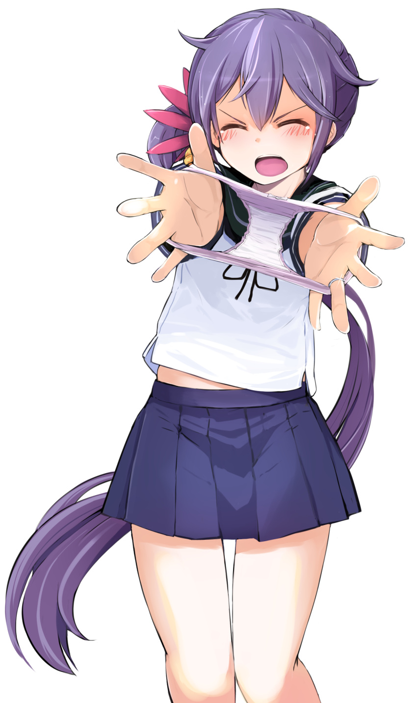 1girl absurdres akebono_(kantai_collection) bell blush closed_eyes hair_ornament highres holding holding_panties jingle_bell kantai_collection long_hair momo_(higanbana_and_girl) open_mouth outstretched_arms panties school_uniform serafuku side_ponytail skirt solo underwear very_long_hair violet_eyes white_background